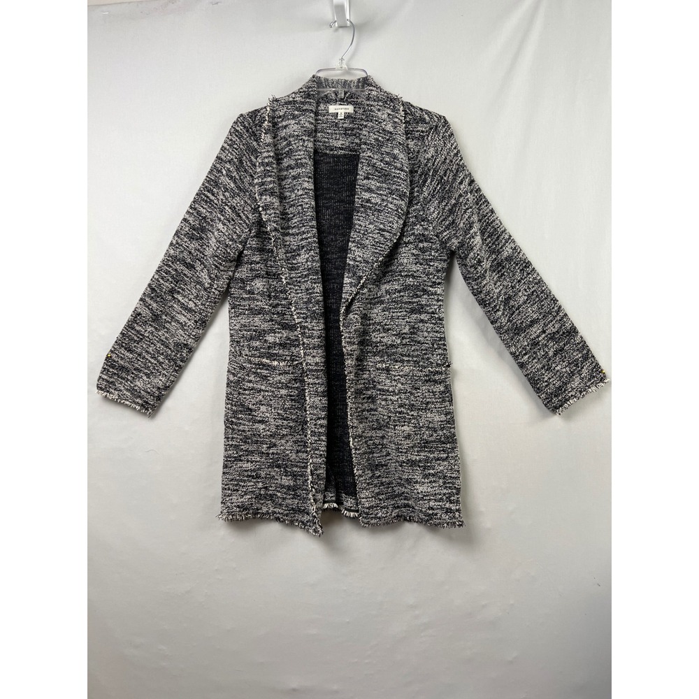 Max Studio Cardigan Women Medium Black White Duster Marled Fringe Open Front